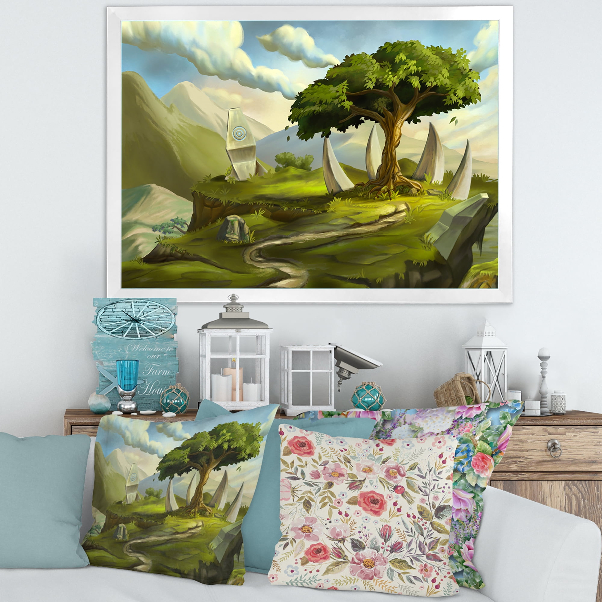 Designart 'Sacred Tree In A Fantasy Green Landscape' Traditional Framed Art Print