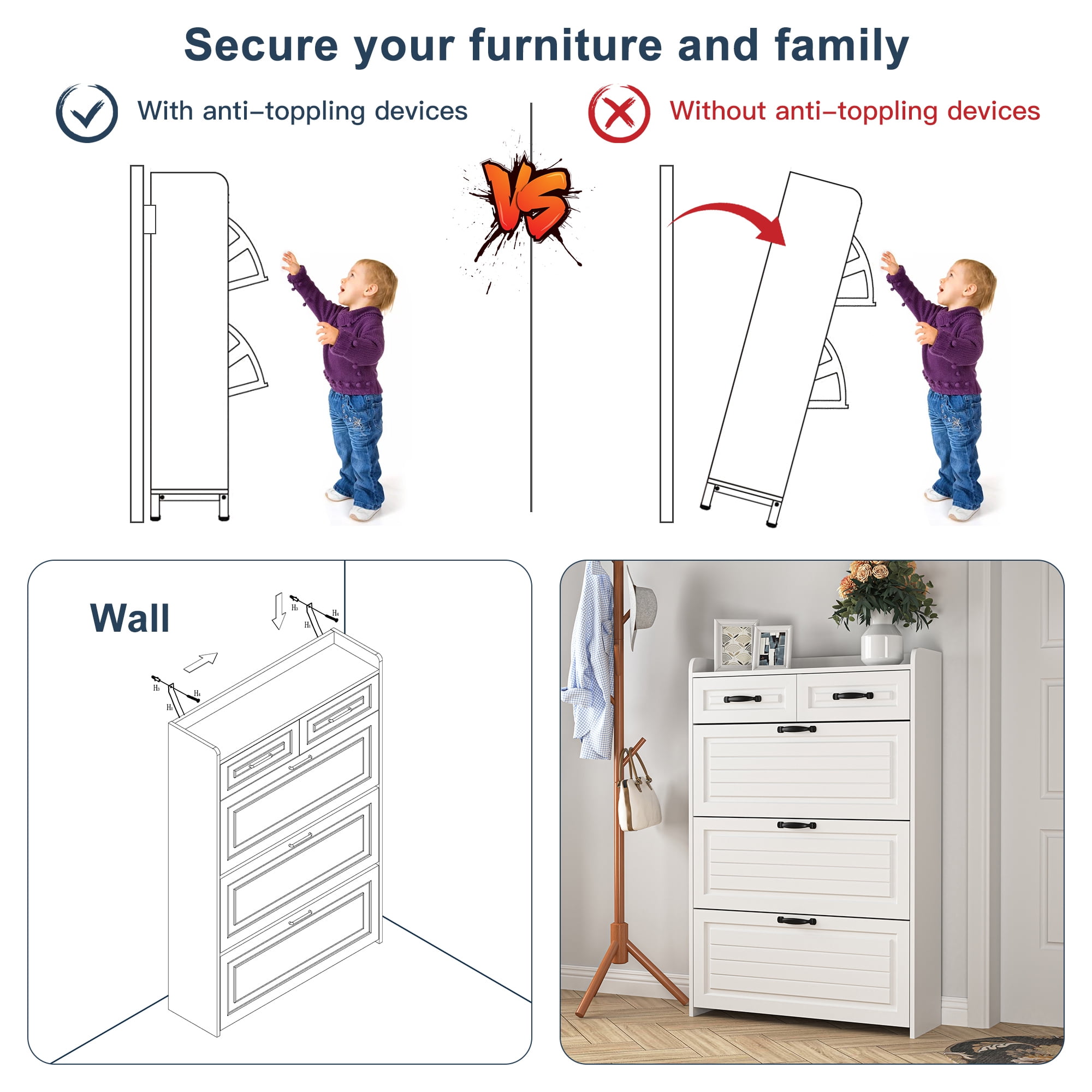 Kadyn Shoe Rack with 3 Doors, Shoe Organizer, White Shoe Cabinet with 2 Drawers, Shoe Storage Cabinet for Living Room, Hallway, Entryway