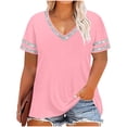 thumbnail image 2 of ClodeEU Women’s Plus Size V Neck Short Sleeve T-Shirt with Striped Trim, Casual Solid Color Top Pink,Women's Plus XXL, 2 of 6