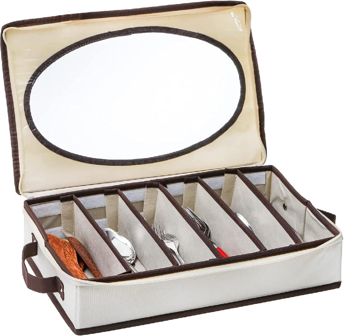Flatware Utensil Storage Case Box, 6 Adjustable Compartment Silverware