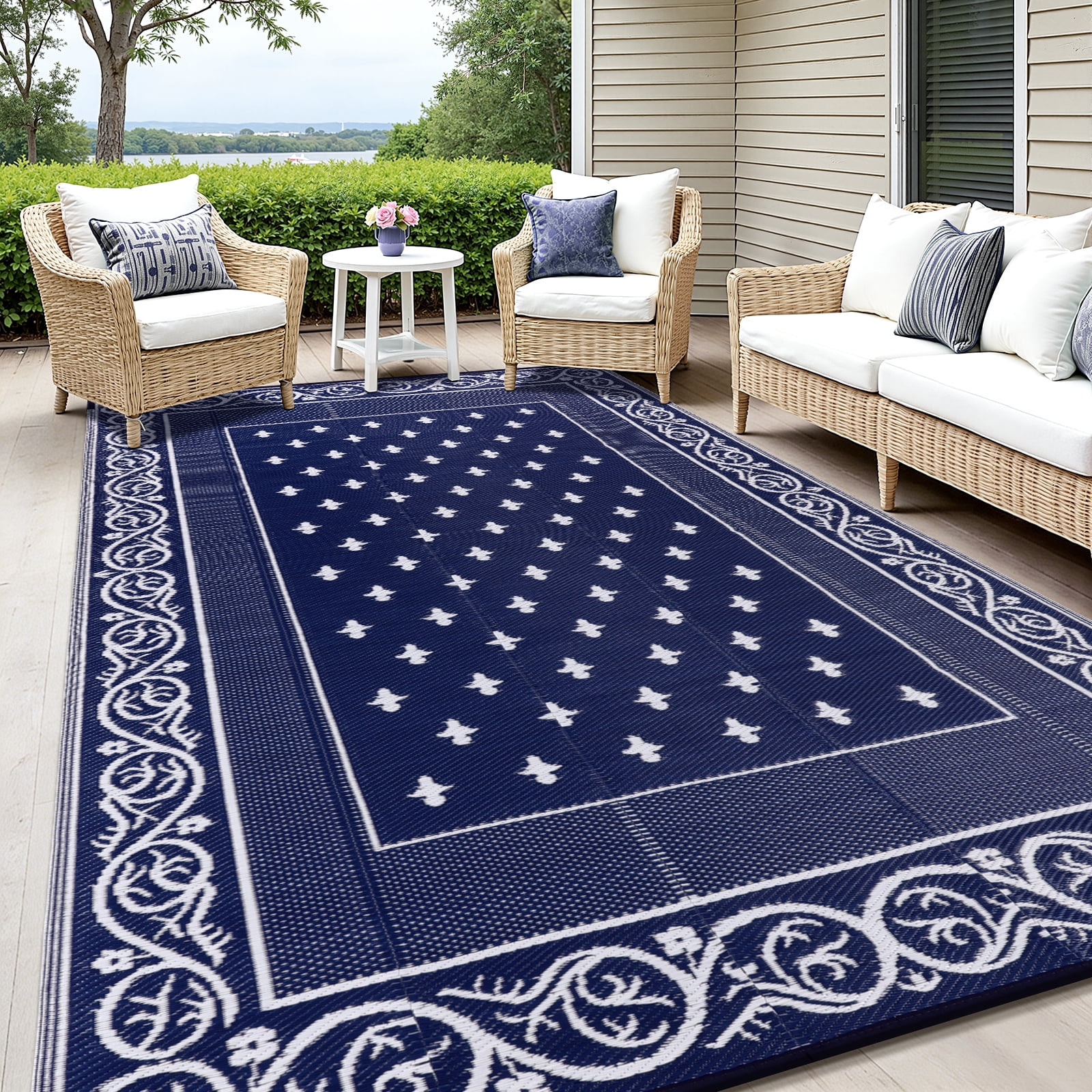 Findosom 6'x9' Blue Large Outdoor Rug Outdoor Mat RV Outdoor Rug Reversible Plastic Straw Area Rug Mat Camping Rugs Waterproof Floor Mat and Rug for RV,Patio,Backyard,Deck,Picnic,Beach,Trailer
