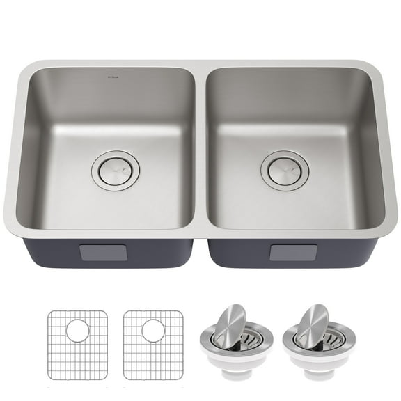 KRAUS Dex 33” Undermount 16 Gauge Stainless Steel Double Bowl Kitchen Sink