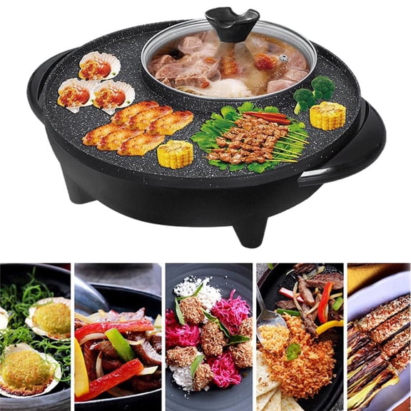 Electric Hot Pot and Grill Combo, 2-in-1 Multifunctional Smokeless Korean Barbecue Grill and Hot Pot, for Family Korean BBQ, Shabu and Soup,110V