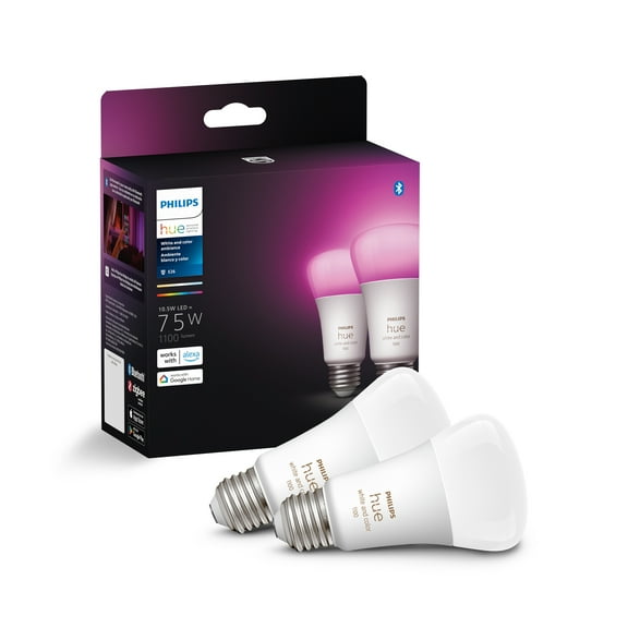 Philips Hue White and Color Ambiance A19 Bluetooth 75-Watts Smart LED Bulbs (2-Pack), White