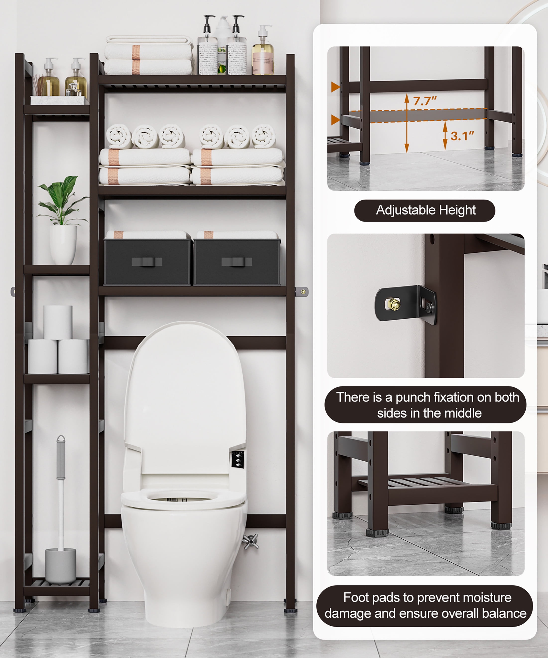 Enogets Over the Toilet Storage, Bamboo Bathroom Organizer with Adjustable Rack, Basket, Drawer & Waterproof feet