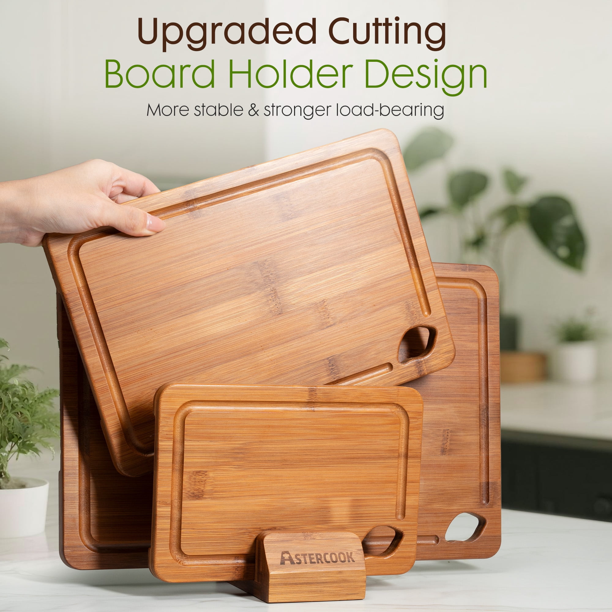 Astercook 4-Pieces Wood Cutting Board, Bamboo Chopping Board for Kitchen with Holder, Cutting Boards Set with Juice Groove and Handles, Charcuterie Board for Chopping Meat, Vegetables and Fruits