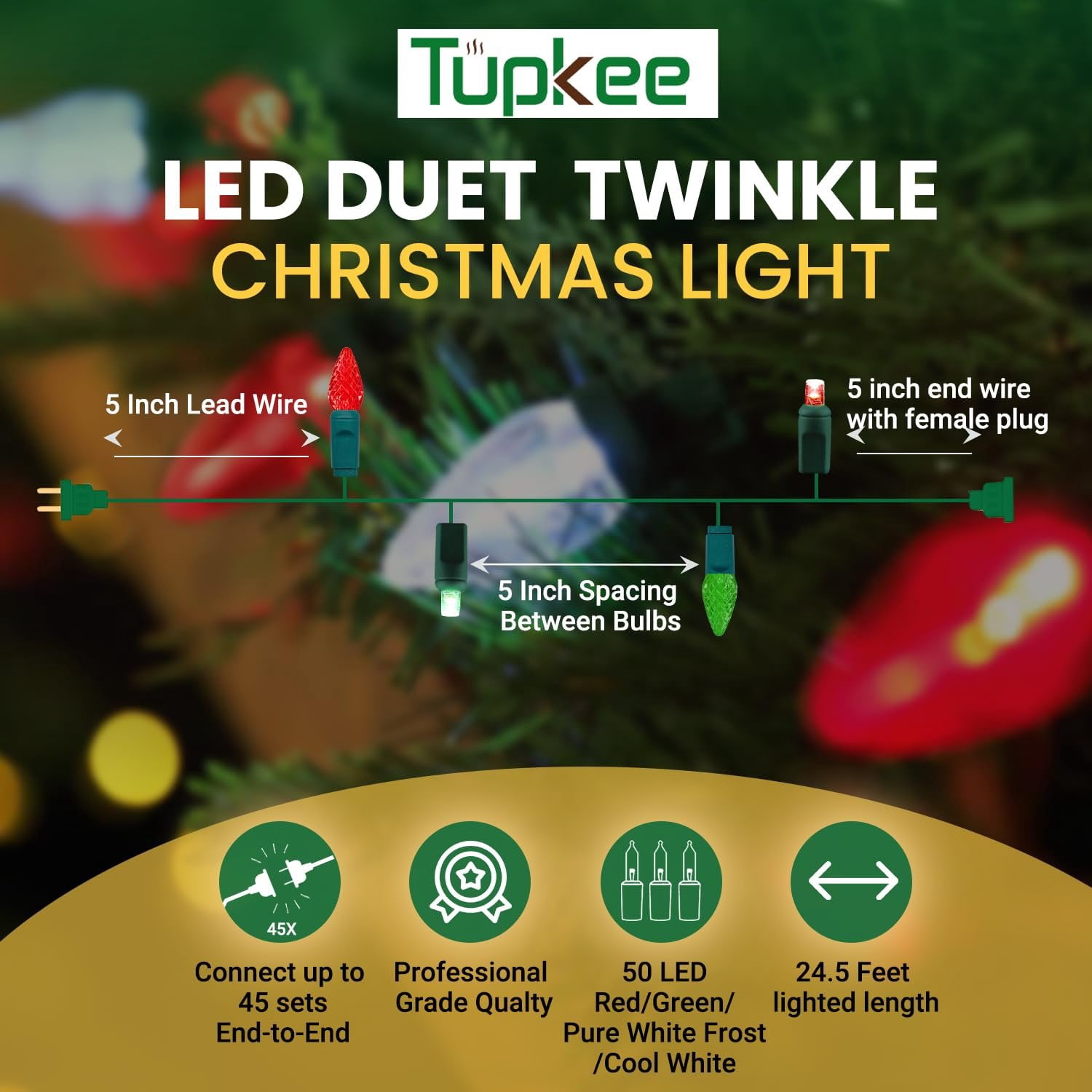 Christmas LED Duet C6/5mm Twinkling Lights  8 of 50 Lights Twinkle, Professional Grade Indoor Outdoor, 24.5 Feet Sparkling Light String, 50 Red, Green & White LED Bulbs - Christmas Tree Holiday Decor