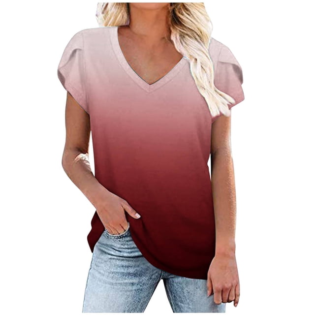 Pompotops T-shirt Décontracté à Col en V pour Femmes Printemps et Été Imprimé Manches Courtes Liquidation