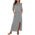 thumbnail image 2 of Nmnitkp Dresses for Women One Shoulder Short Sleeve Maxi Dress, Casual Summer Beach Dress with Pockets, Elastic Waist Split Flowy Solid Color Dress Gray,S, 2 of 9