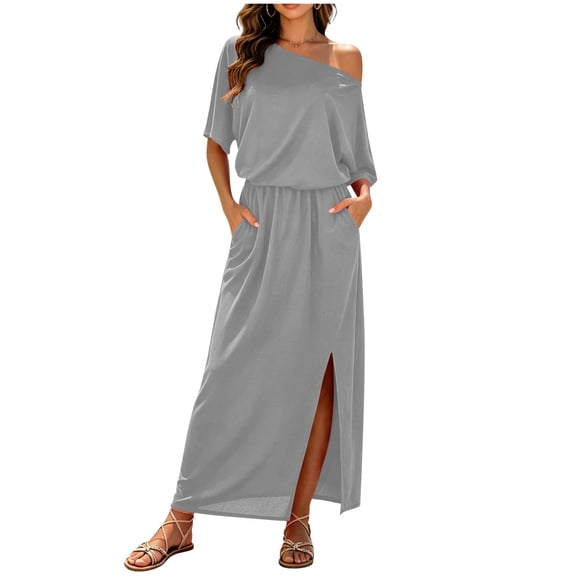 Iyufng Long Dresses for Women Fitted Waist Off-The-Shoulder Dress Slit Dress Summer Beach Long Dress