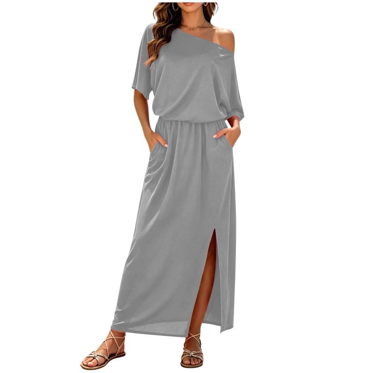 Dolkfu Maxi Fall&Winter Dresses for Women Gray Cowl Neck Short Sleeve Shift Dresses Modern Refreshing Solid Relaxed Fit Garments Gray,Xl