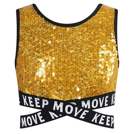YONGHS Kids Girls Sequin Modern Street Hip Hop Jazz Dance Crop Top Vest Shirt Sports Bra Performance Costume Gold 6