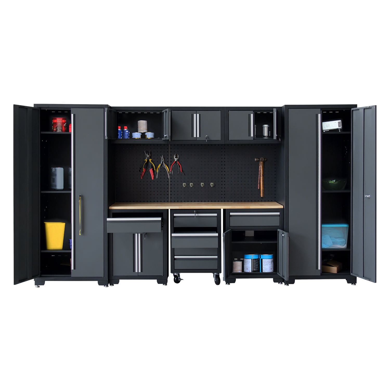 HPDMC 9-Piece Garage Shop Tool Storage Cabinet Set with Pegboard and Wooden Work Top 24 Gauge Steel Tool Chests & Garage Mounted Storage Systems - Black+Gray