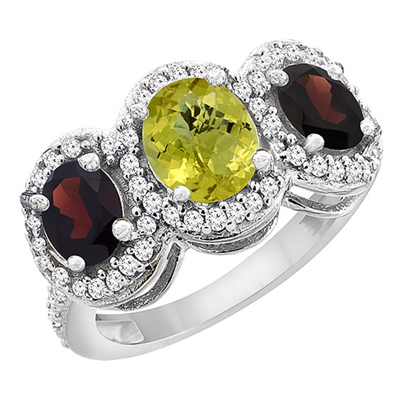 10K White Gold Natural Lemon Quartz & Garnet 3-Stone Ring Oval Diamond Accent, size 10