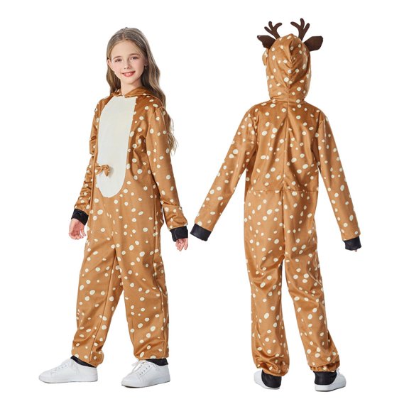 Dakiuu Kids Reindeer Christmas Costume Hooded Long Sleeve Jumpsuit With Antlers And Tail