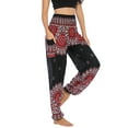 thumbnail image 3 of SWSMCLT Women's Boho Yoga Pant Smocked Waist Hippie Bohemian Thai Indian Pants with Pocket Cinched Bottom Elastic Waist High Waisted Floral Sunflower Printed Black One Size, 3 of 5