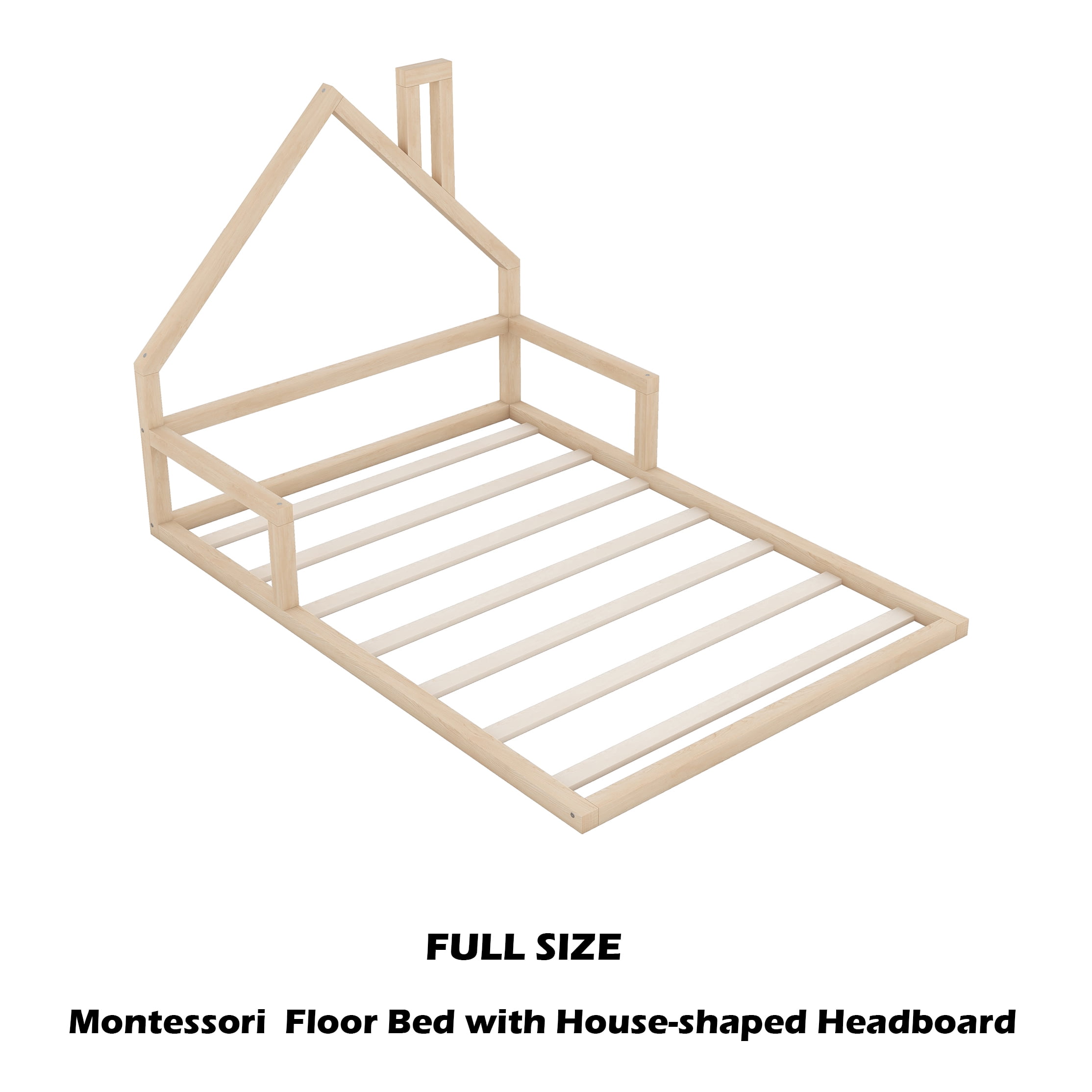 Bellemave Full Size Wood Floor Bed with House-shaped Headboard Montessori Floor Bed with Rails and Wooden Slats No Box Spring Needed, Natural