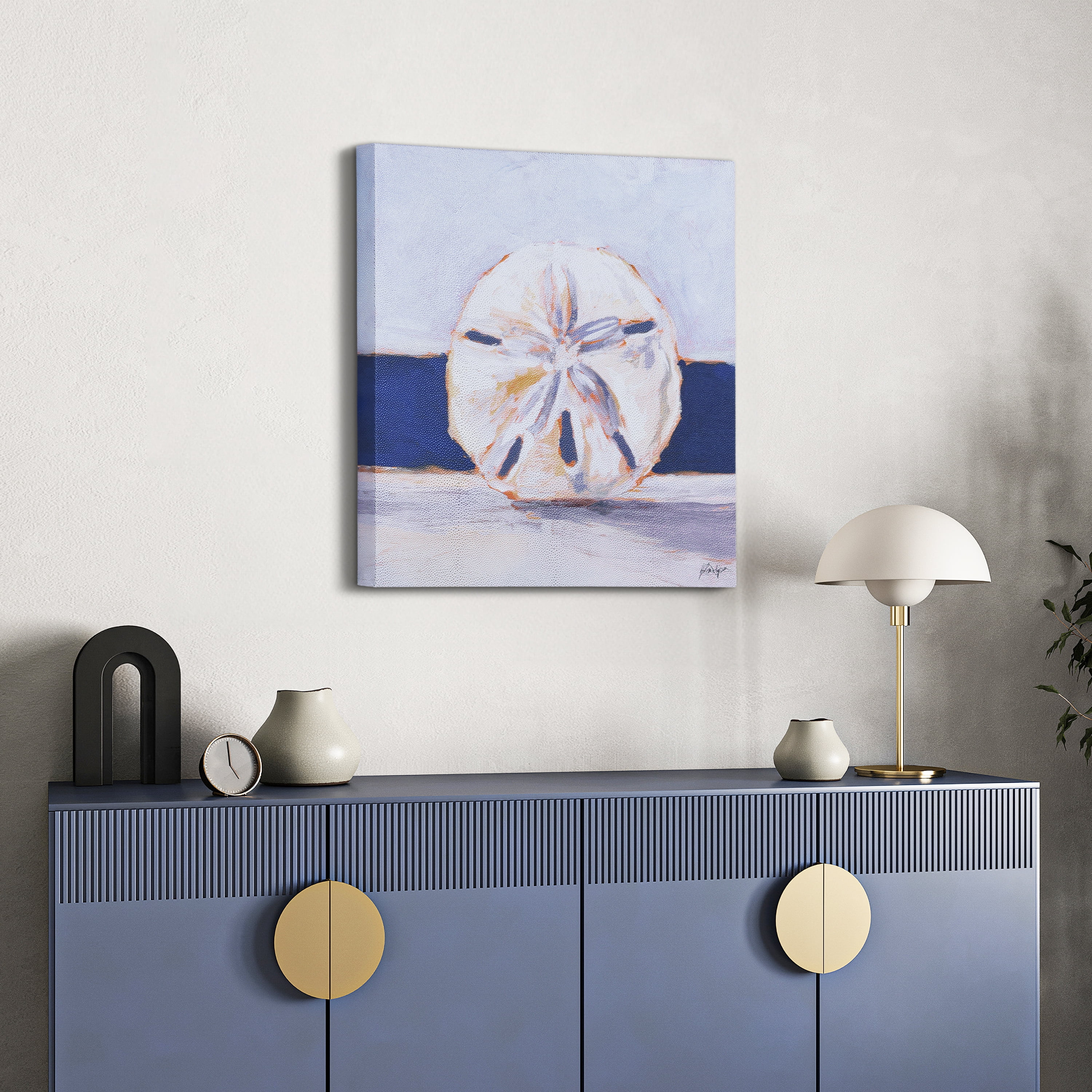 "Coastal Serenity I", Sand Dollar Rendered on Silver Metallic Shagreen Wrapped Canvas Wall Art, sized 22"x22"