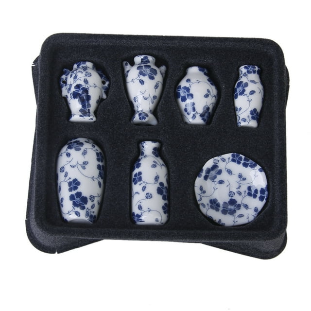 Jarrón de porcelana china en miniatura de cerámica para casa de muñecas 1/12, 7 piezas vintage
