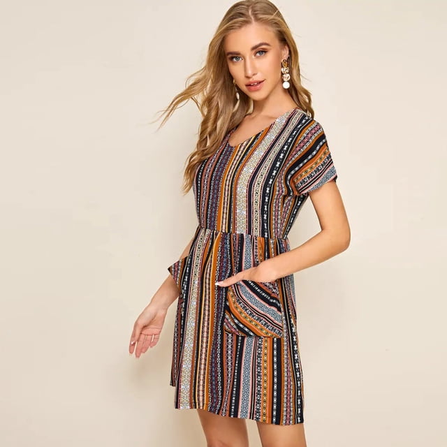 FcBaudy Robe à Manches Courtes à Col Rond, Robes pour Femmes, Robes d'Été pour Femmes Robe Bohème Ethnique Imprimée avec Poches Robe Longueur Genou en Coton et Lin Robe d'Été pour Femme