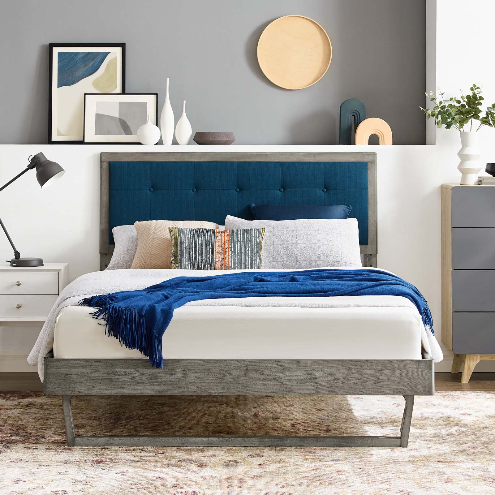 Platform Bed Frame, King Size, Wood, Grey Gray Navy Blue, Modern Contemporary Urban Design, Bedroom Master Guest Suite