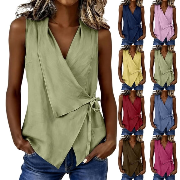 Aezemi Women's Wrap Sleeveless Tank Tops, Ruched V Neck Tie Waist Blouses, Casual Summer Boho Beach Vacation Tanks