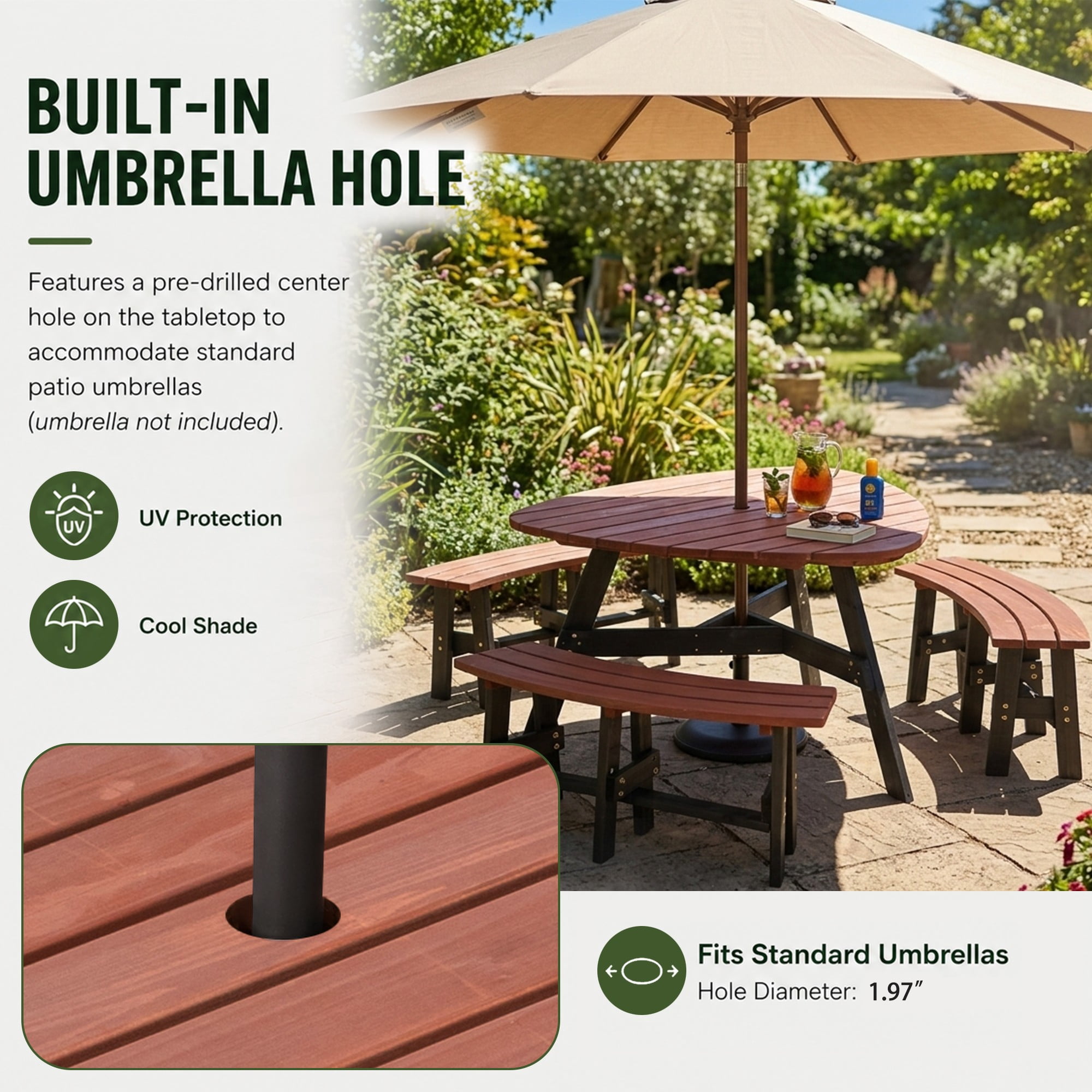 DEALTOPS 6-Person Solid Wood Triangular Picnic Table Set with 3 Benches & Umbrella Hole, Brown & Black