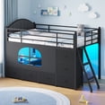 thumbnail image 3 of Low Loft Bed Twin Size with Upholsterd Headboard and 8 Storage Drawers, Metal Loft Twin Bed Frame with LED Lights, Under-Bed Play Area, Play Curtain, Safety Guardrail and Ladder, Black, 3 of 9