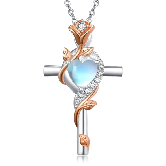 Women's Cross Necklace for Women Sterling Silver Created Moonstone Necklace Rose Cross Pendant Jewelry