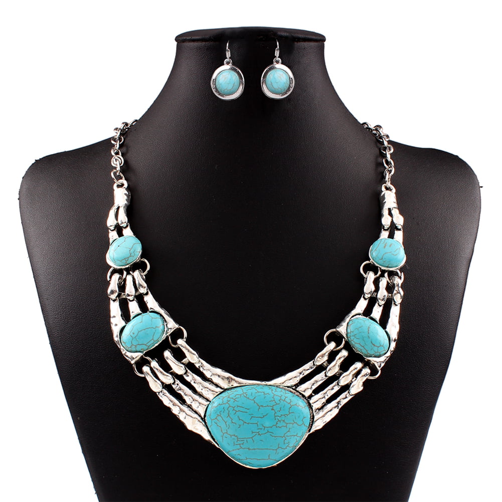 Vintage Turquoise Pendant Necklace And Earrings Jewelry Sets Tibetan