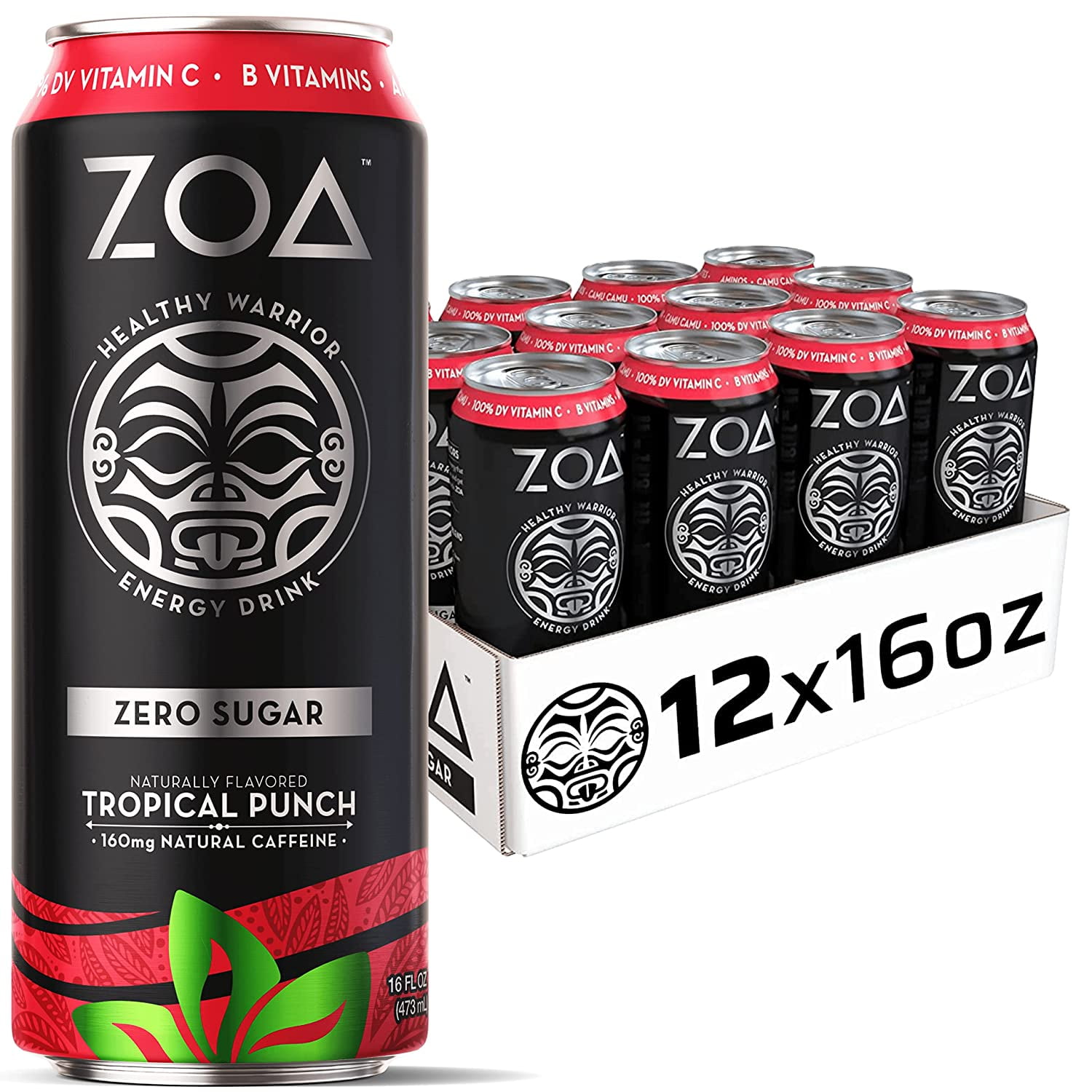 ZOA Energy Drink, Tropical Punch 16 Fl Oz Zero Sugar, Vitamins