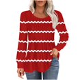 thumbnail image 2 of RXIRUCGD Hauts Décontractés Mode pour Femmes Col Rond Plissé Rayé Manches Longues, Rouge, Taille : m, 2 of 5