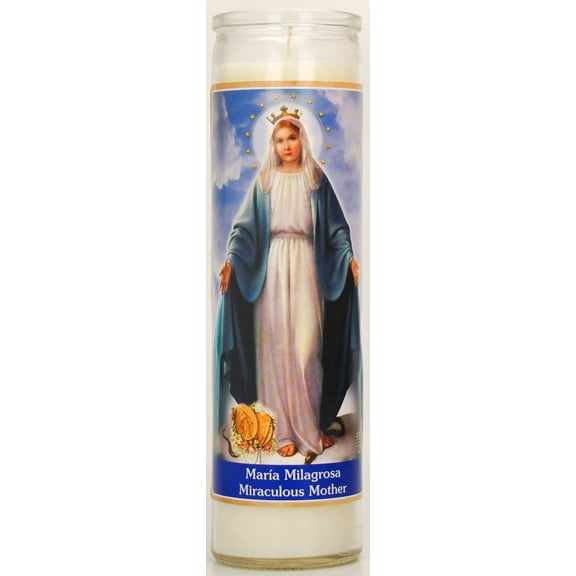 Prayer Candle Maria Milagrosa White Wax, 8 Inch
