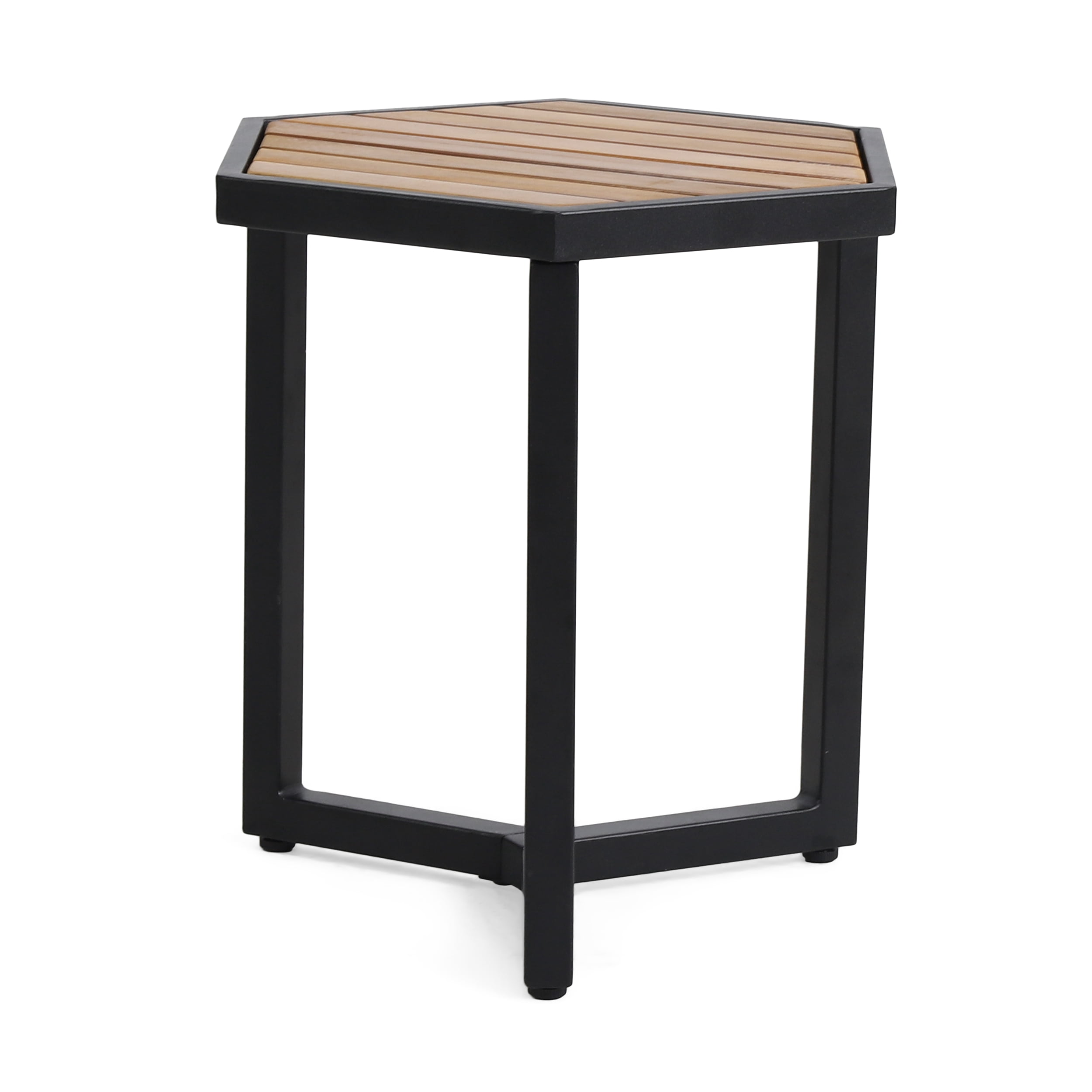 Outdoor Industrial Style Side Table, Wood and Metal Craft Accent Table for Patio Garden, Wood and Black