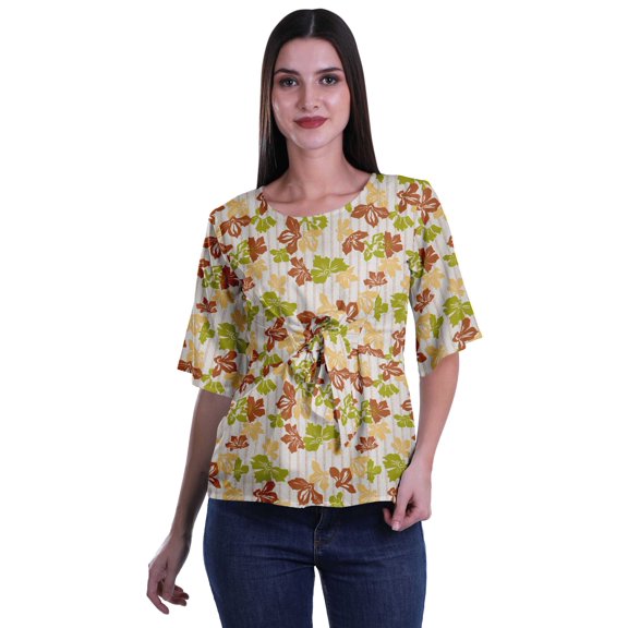 Moomaya Printed Round Neck Top For Women Elbow Sleeve Blouse Tunic Formal Wear