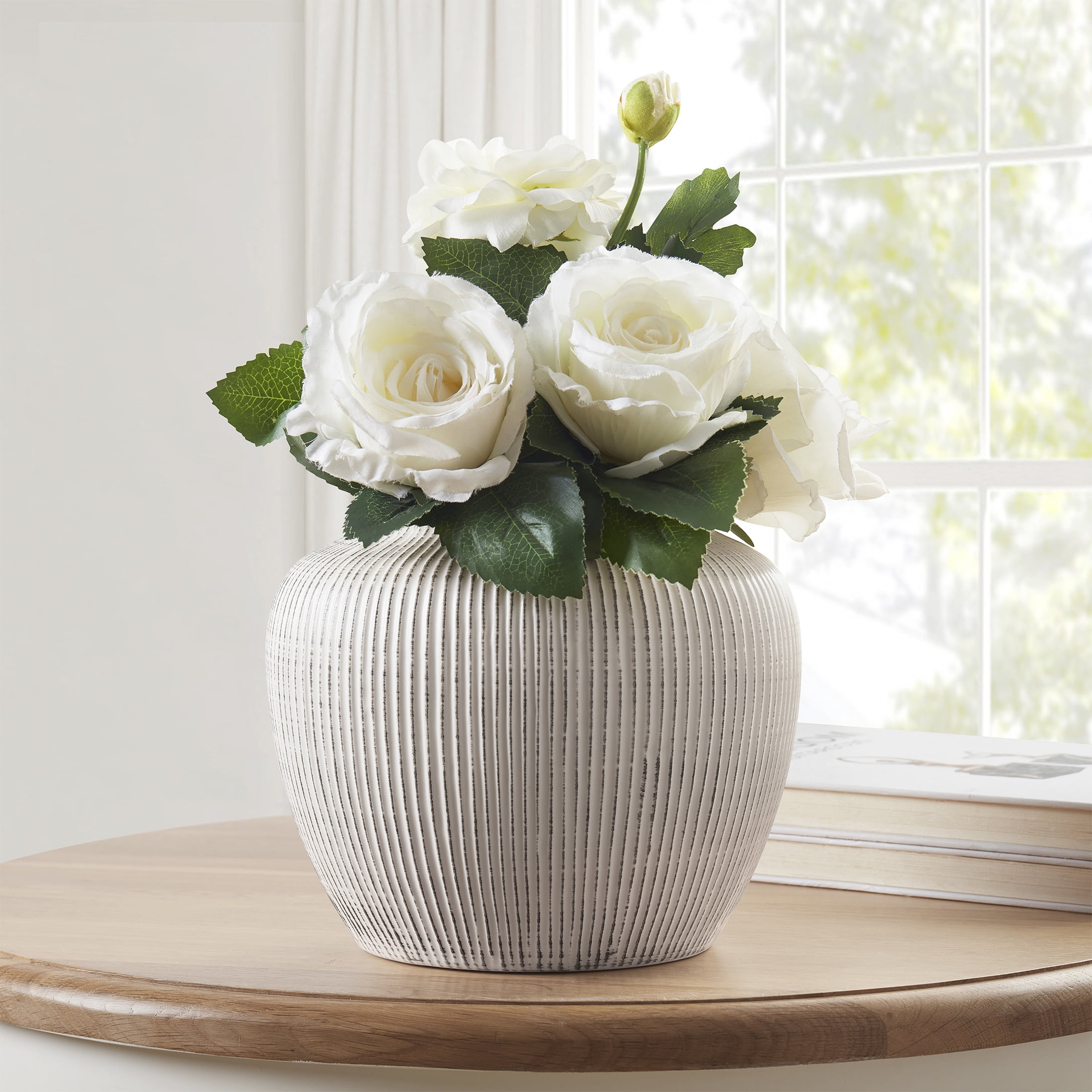 My Texas House 7" White Distressed Stripe Round Stoneware Vase