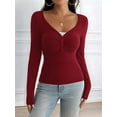 thumbnail image 5 of Women'S Long Sleeve Shirt V-Neck Buttons Ribbed Knit Slim Fit Casual Basic Spring Autumn Tops Wine Red XL, 5 of 9