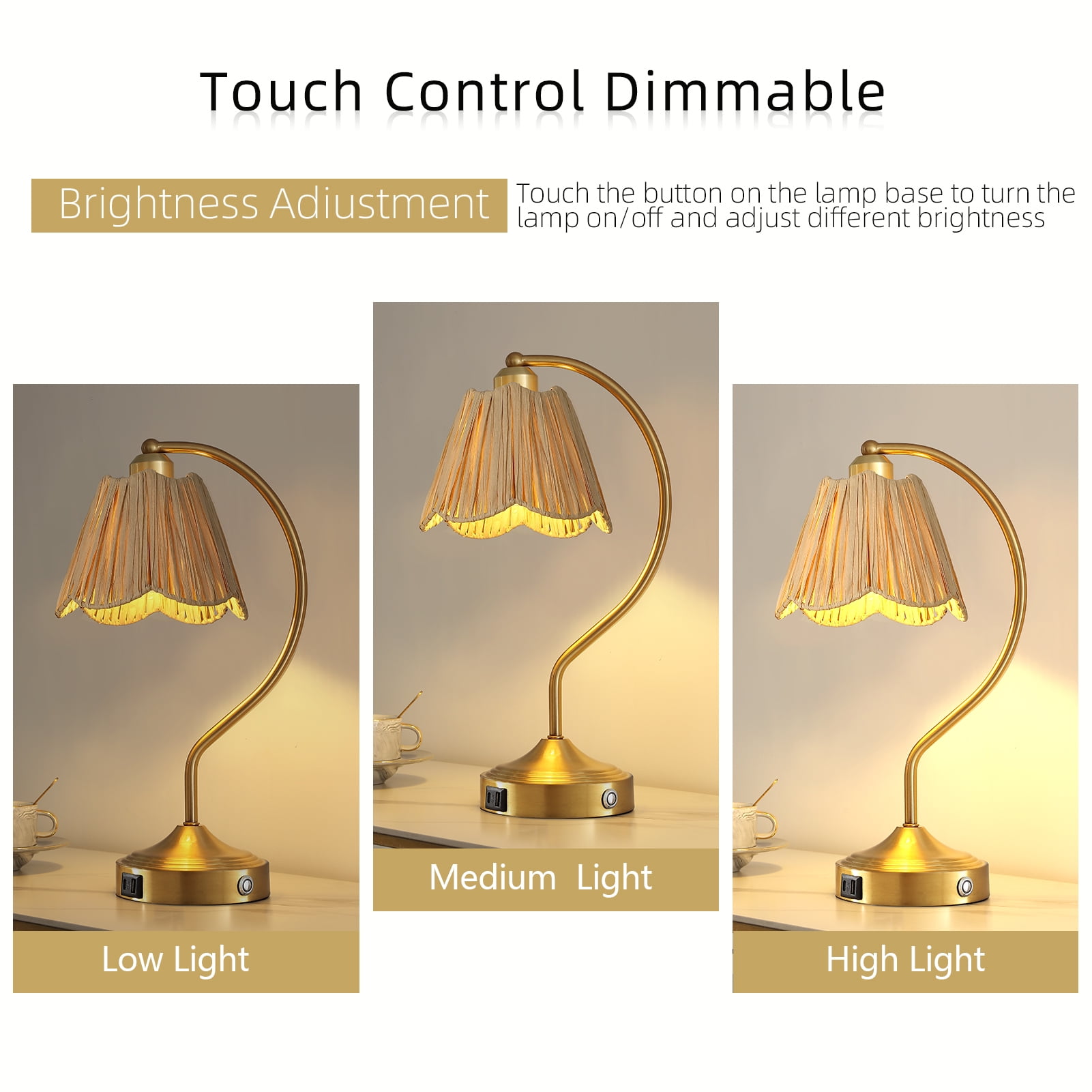 RORIA 18" Curved Gold Table Lamps Set of 2, Touch-Control Three-Level Dimming, USB A+C Charging Ports, Modern Farmhouse Style, Perfect for Living Room or Bedside Lighting Needs.