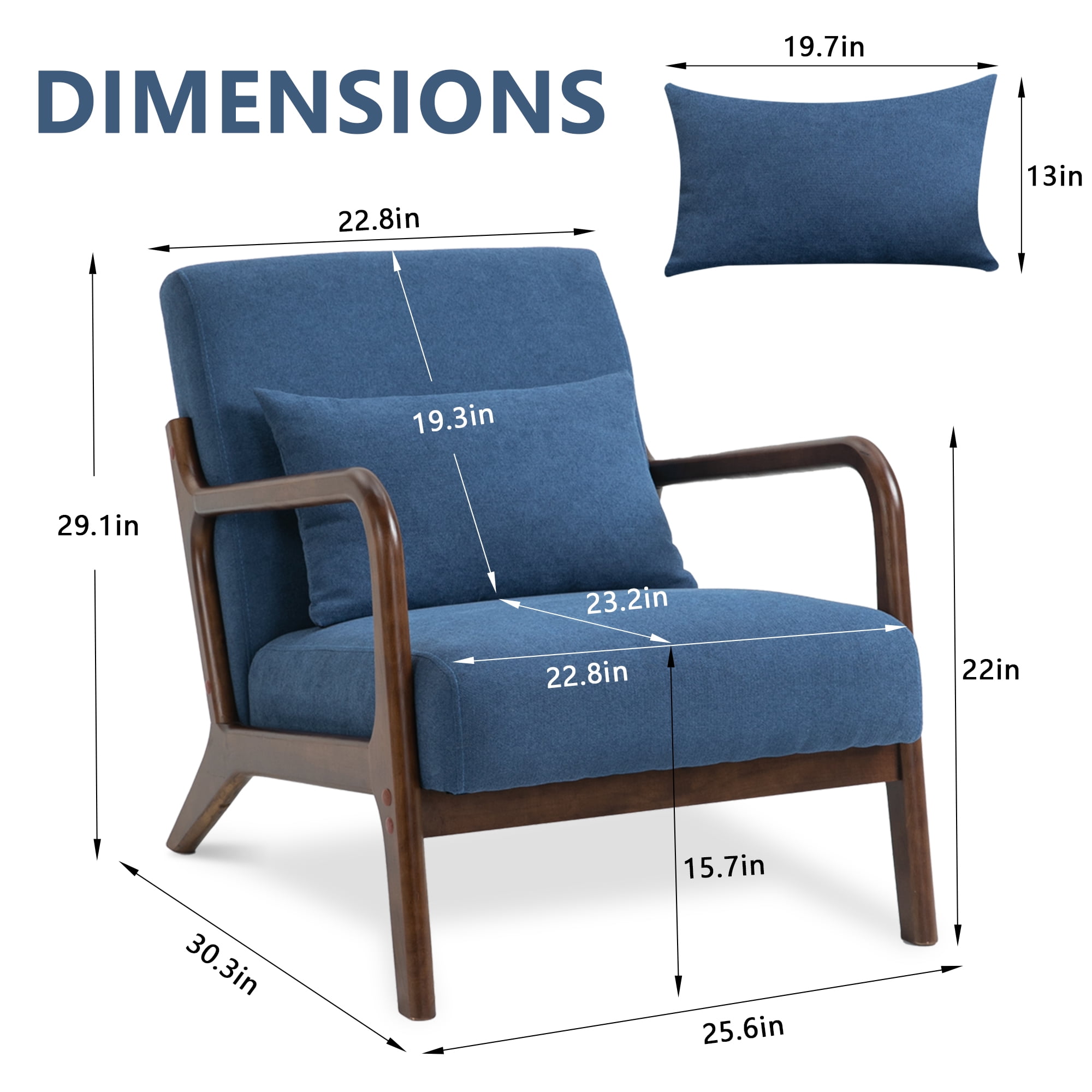 Miniyam Mid Century Modern Accent Chair with Wood Frame, Upholstered Living Room Chairs with Waist Cushion, Reading Armchair,Blue