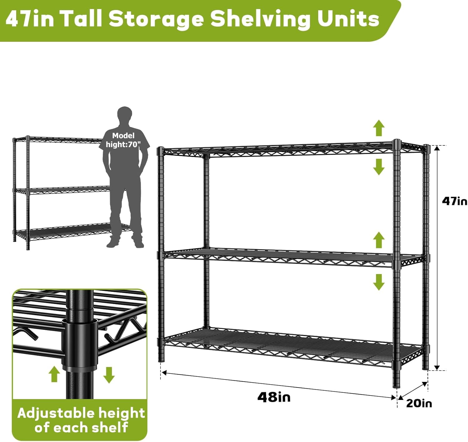 Storage Shelves, 3-Tier Adjustable Metal Industrial Utility Shelf Rack for Kitchen, Laundry Room, Basement Black 48" L x 20" W x 47"