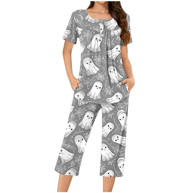 Jamicy Pyjama Confortable pour Femmes Ensemble Grande Taille Ample Imprimé d'Halloween Col Rond à Boutons Ensemble de Pyjama Capri Pyjama d'Halloween