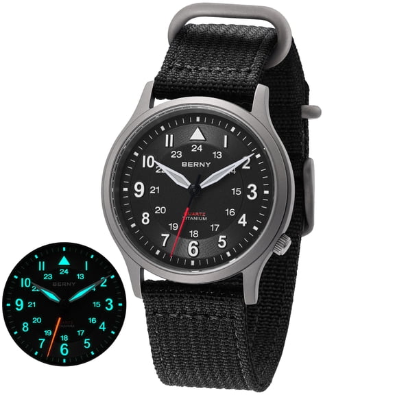 BERNY Titanium Watches for Men, Japanese Quartz Movement Men's Field Watch, 5ATM Waterproof Military Wristwatch for Men, Analog Sport Watches, Black