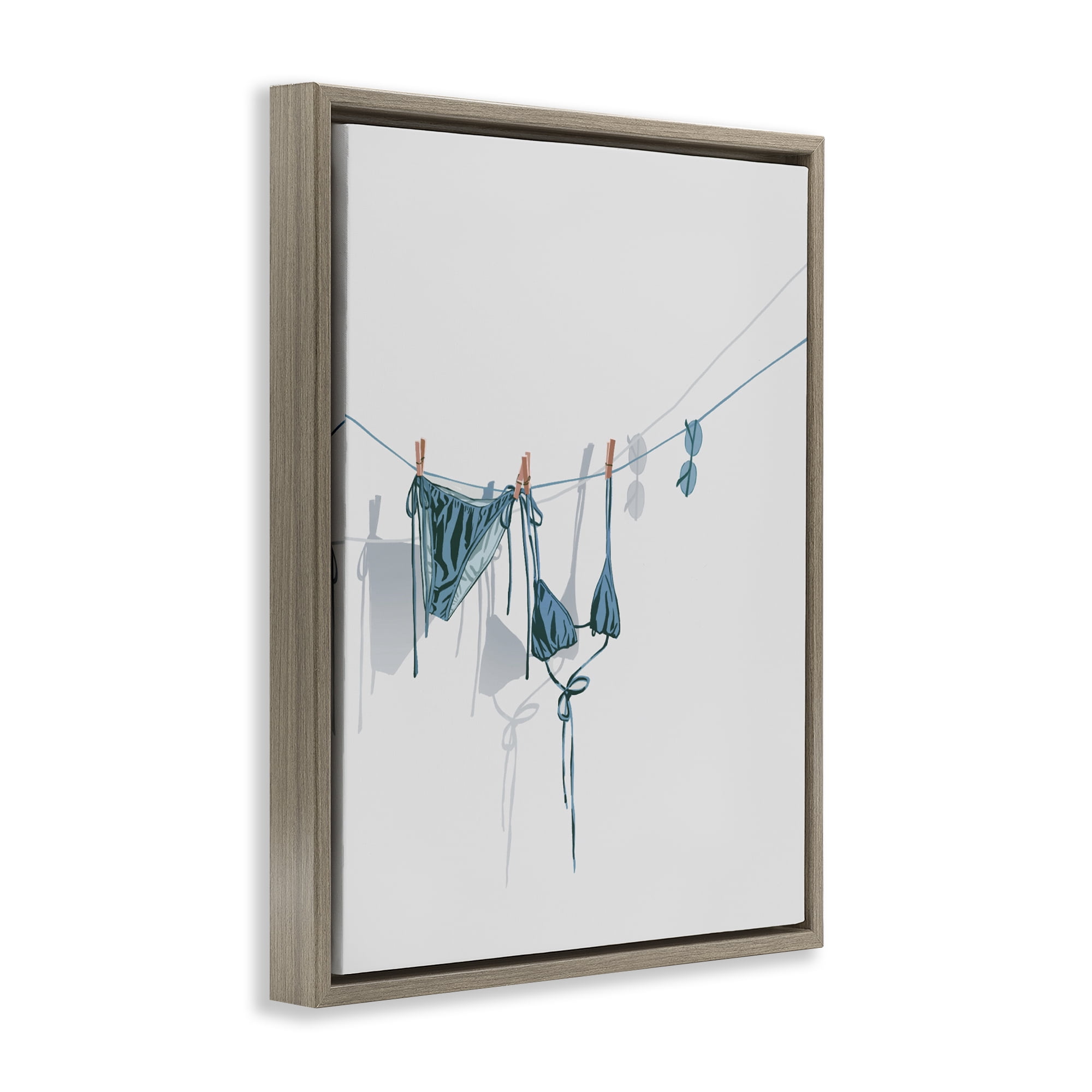 Stupell Industries Teal Bikini on Clothesline Brown Framed Floater Canvas Wall Art, design by Ziwei Li