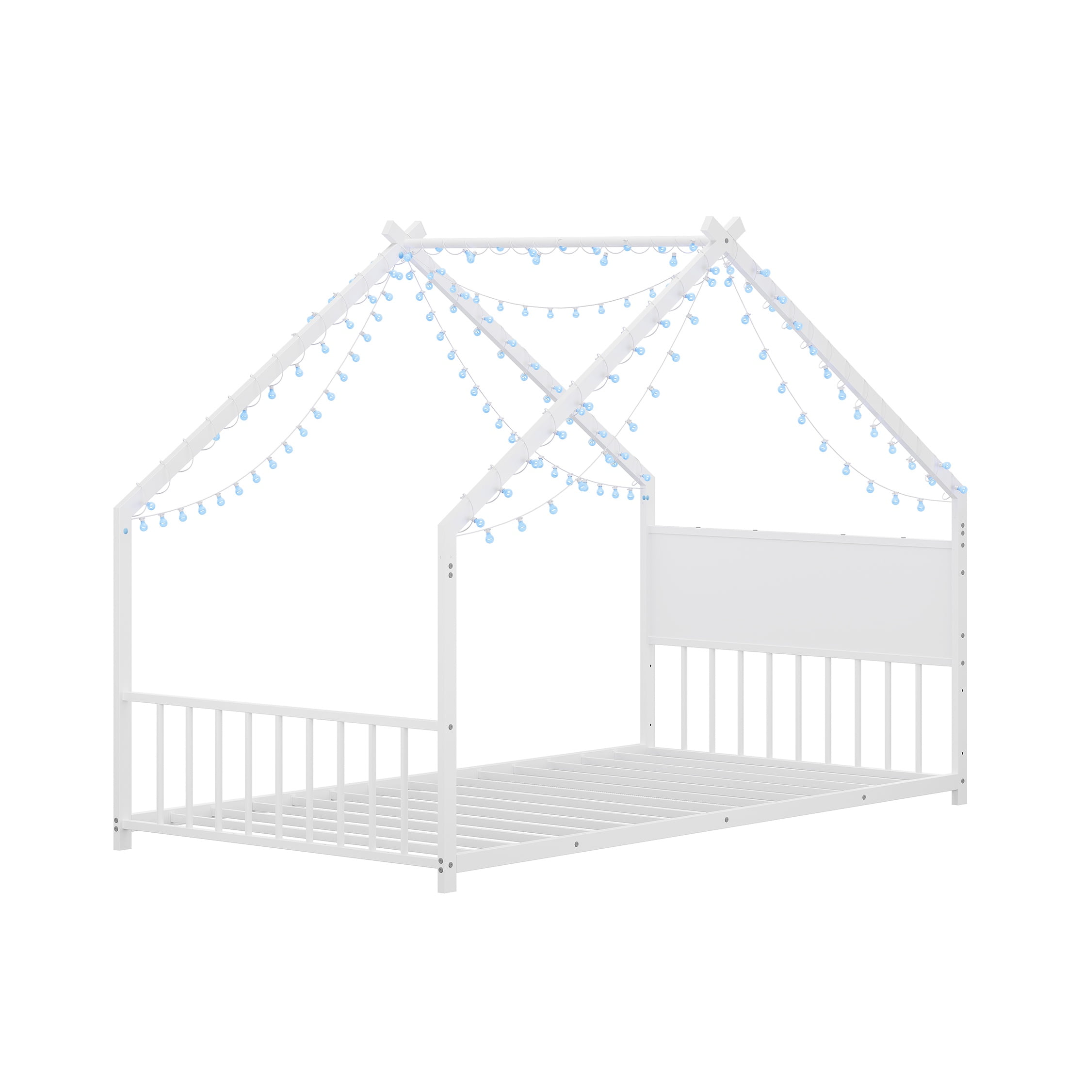 PORKISS Twin Size Floor Bed, Metal Toddler Bed with LED Light Strips, Slat, Fence, No Box Spring Needed, Montessori Bed, Full House Bed Frame for Kids, Boys, Girls, White #2