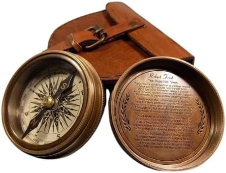 Maritime treasures Vintage Brass Pocket Compass with Leather Case | Antique Style Nautical Compass for Hiking, Travel, Desk Decor & Gift