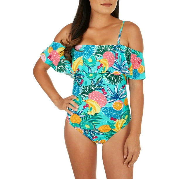 Caribbean Joe Womens Off The Shoulder Print One Piece 14 484 Seafoagreen Multi Walmart Com