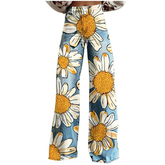 Aofany Wide Leg Jeans for Women High Waisted Stretchy Denim Pants Printed Baggy Jeans Trouser Jeans with Pockets