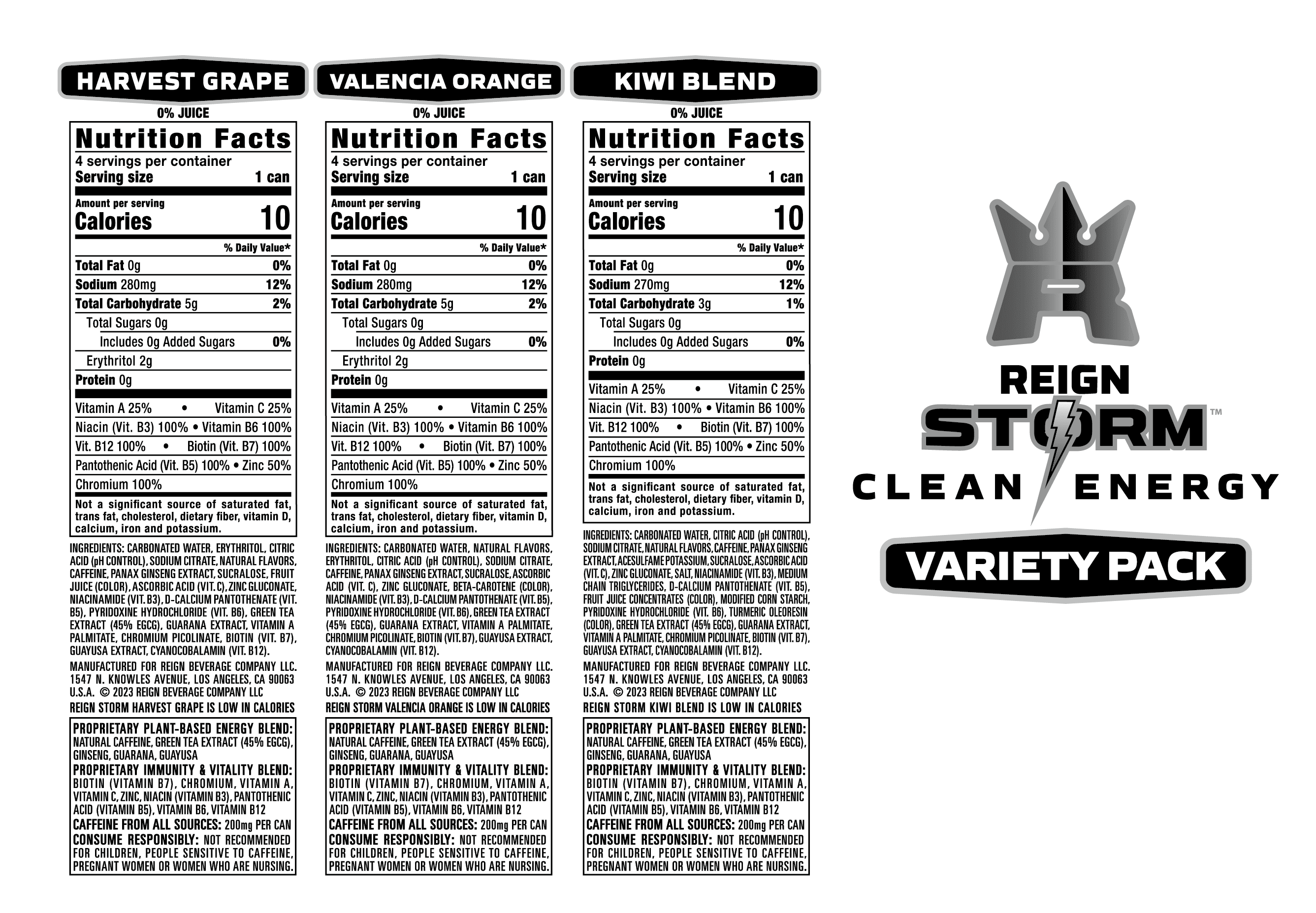 Reign Storm, VP Kiwi Blend, Valencia Orange, Harvest Grape, Clean Energy Drink, 12 fl oz, 12 Pk