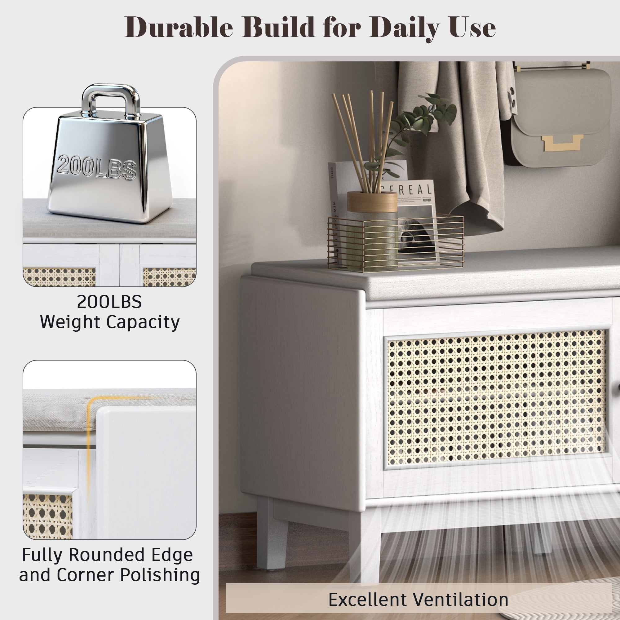 Euroco Boho Rattan Entryway Bench with Storage, Cushioned Shoe Bench with Double Doors, Wooden Shoe Organizer Bench for Entryway and Hallway (White+Beige )