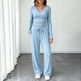 thumbnail image 2 of DORKASM Women's 2 Piece V Neck Long Sleeve Lounge Set Sweatsuits | Boho Lounge Sets for Women , Airport Travel Outfits, Comfy Athleisure Fall Winter Clothes ,wide Leg Palazzo Pants Light Blue M, 2 of 7